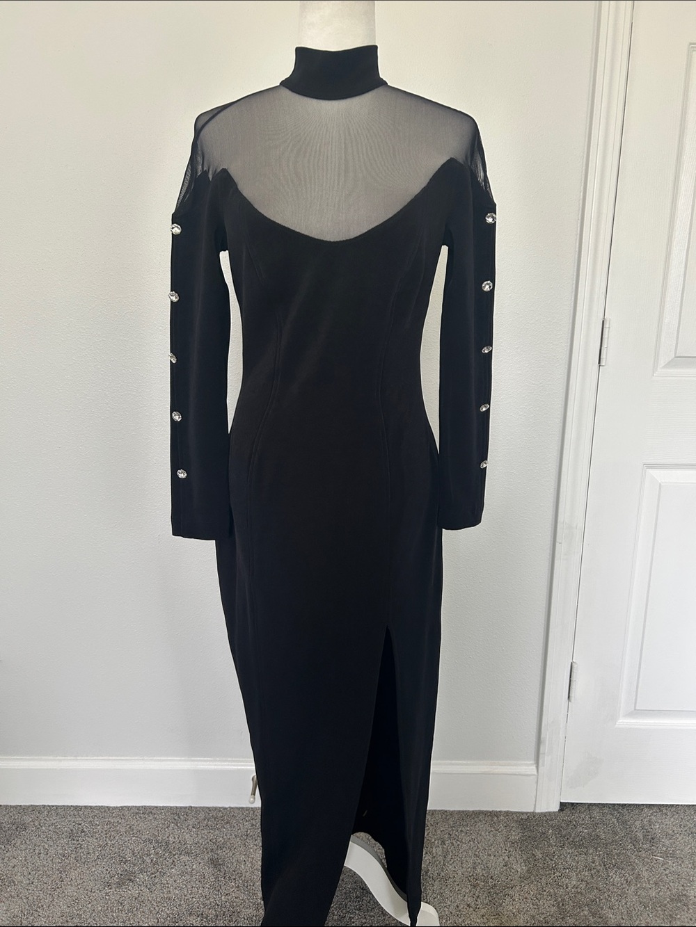 Elegant Black Mesh Yoke Long Sleeve Dress